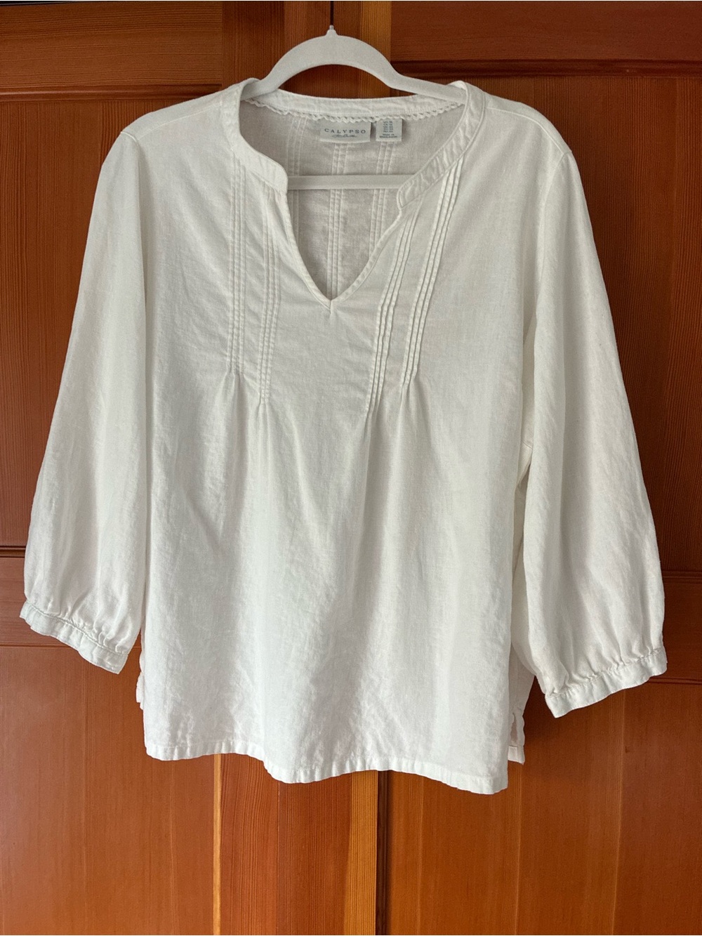 Calypso St. Barth White Linen-Blend Pintuck Popover Top Size 1X